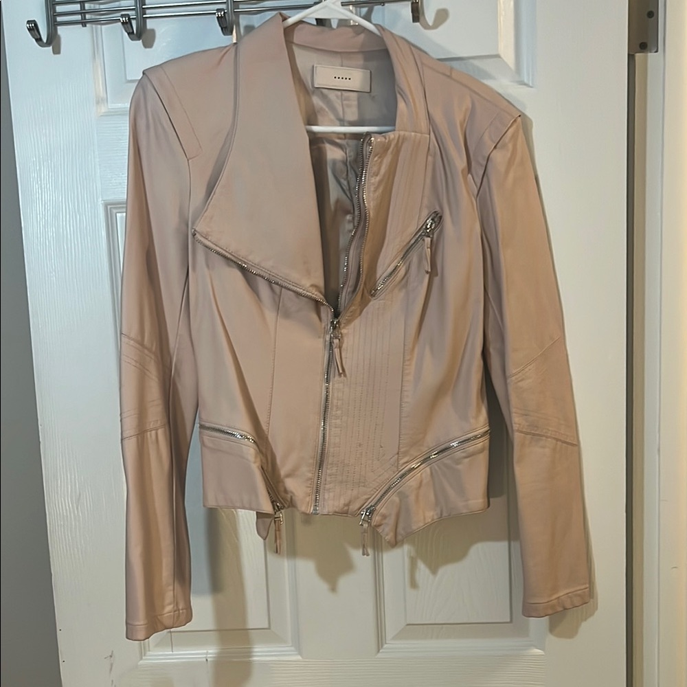 Blank NYC Pink Leather Moto Jacket with Fitted Style and Asymmetrical Zipper